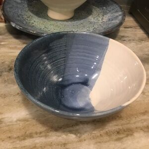 Handmade pottery bowl- wheel thrown blue and white beachy small serving bowl ✨🌊